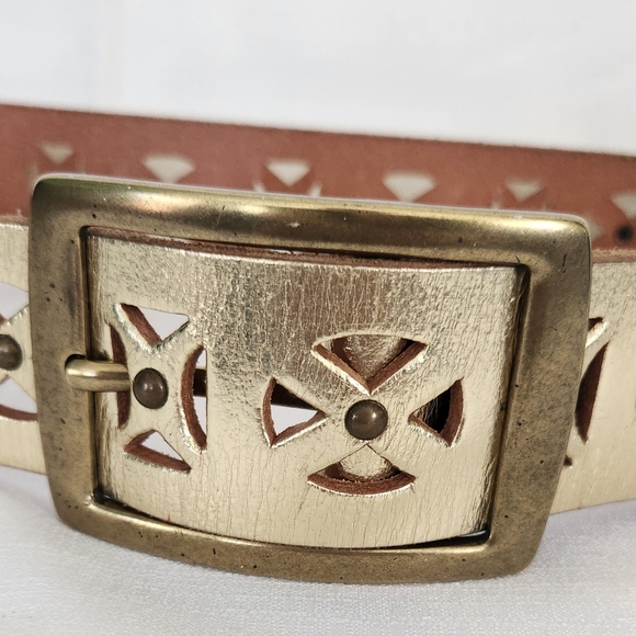 Vintage Boho Leather Gold and Brass Belt L - Picture 3 of 5